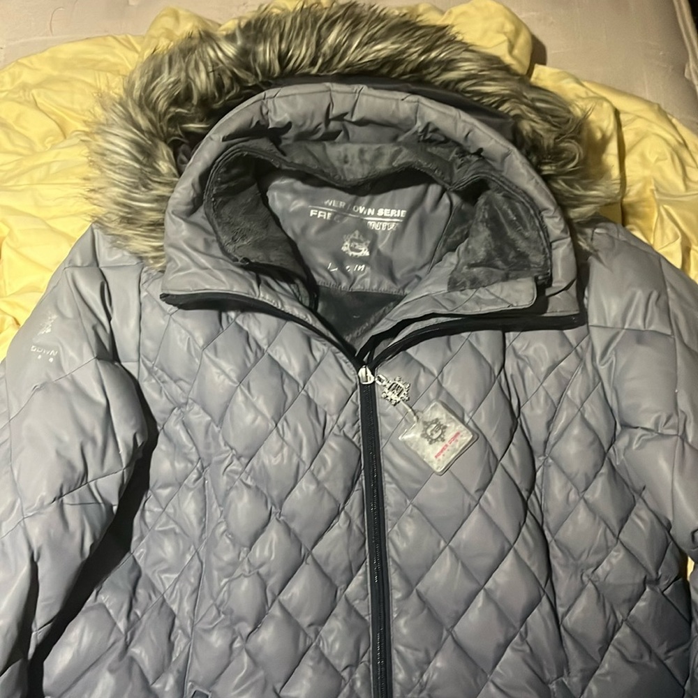 Grey puffer jacket with fur hoodie